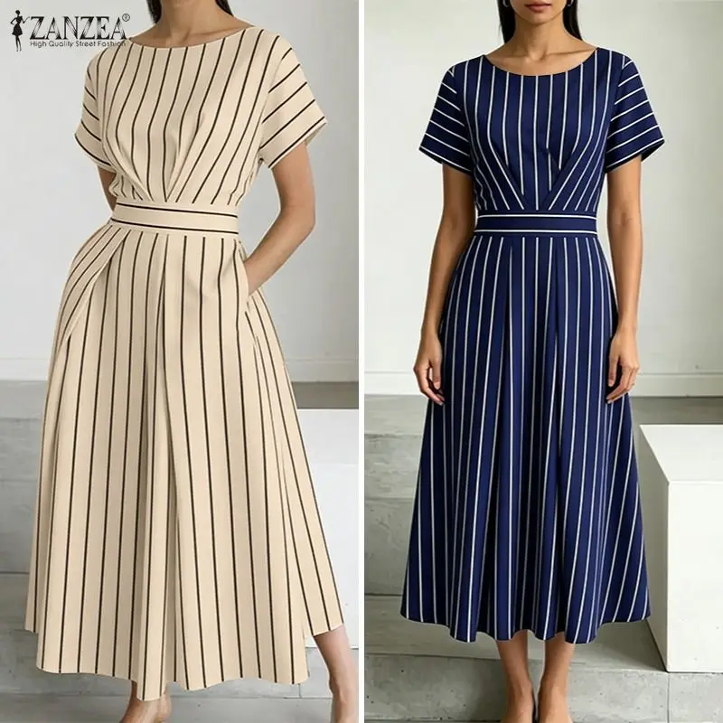 ZANZEA Stilvolles Damen-Kleid mit O-Ausschnitt und kurzen Ärmeln, gestreift, Sommerkleid, OL-Arbeitskleid, elegantes A-Linien-Midikleid mit Taille, Freizeitkleider