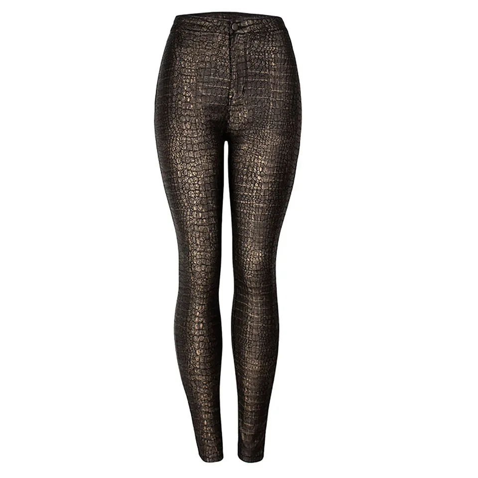 Trendy Ankle Length Fall Trousers For Women Fashion Tight Height Waist Pu Coated Pants Sexy Little Feet Print Pants Women 가을옷