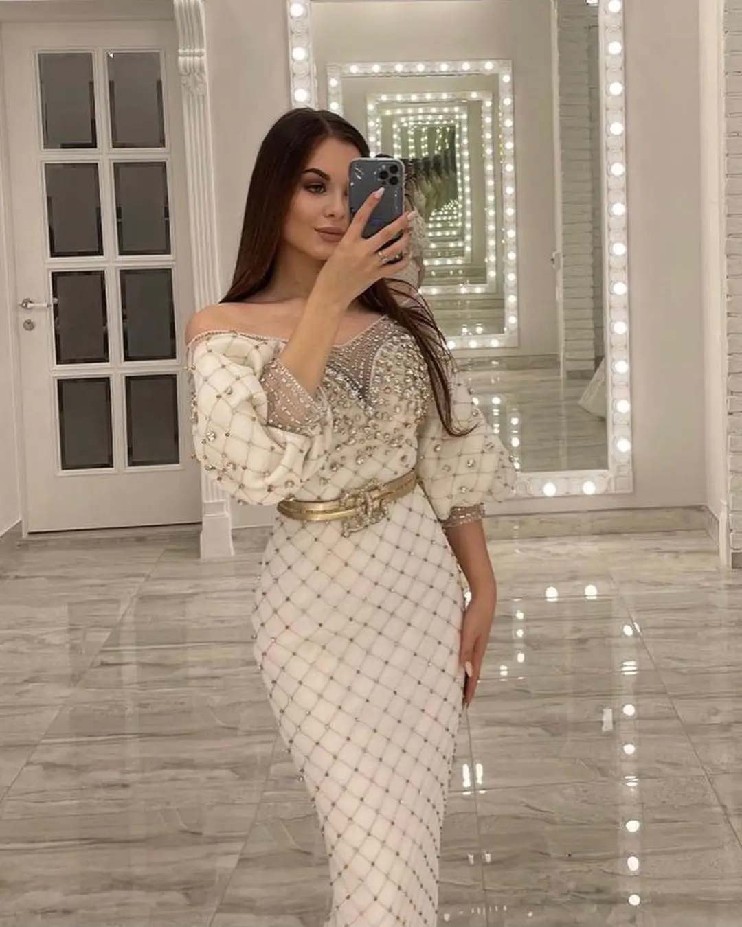 FATAPAESE Customized Luxury Dubai Arabic Off-Shoulder Gold Beads Stons Sheath Evening Dress Fluffy Sleeves Wedding Party Gown