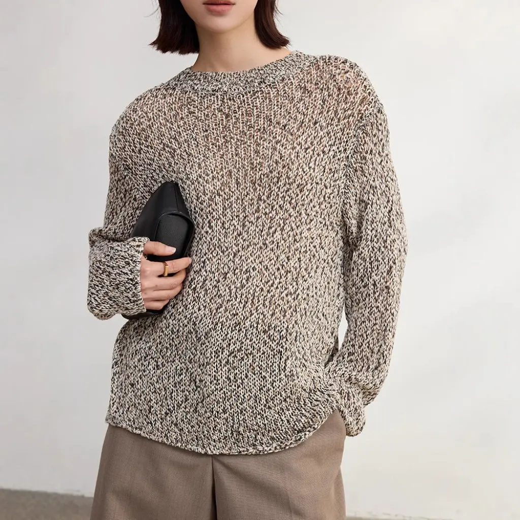 

Women's Old Money Style Yarn Cut out Knitwear Slim Fit round Neck Long-Sleeved Blouse Fashionable Early Autumn Top