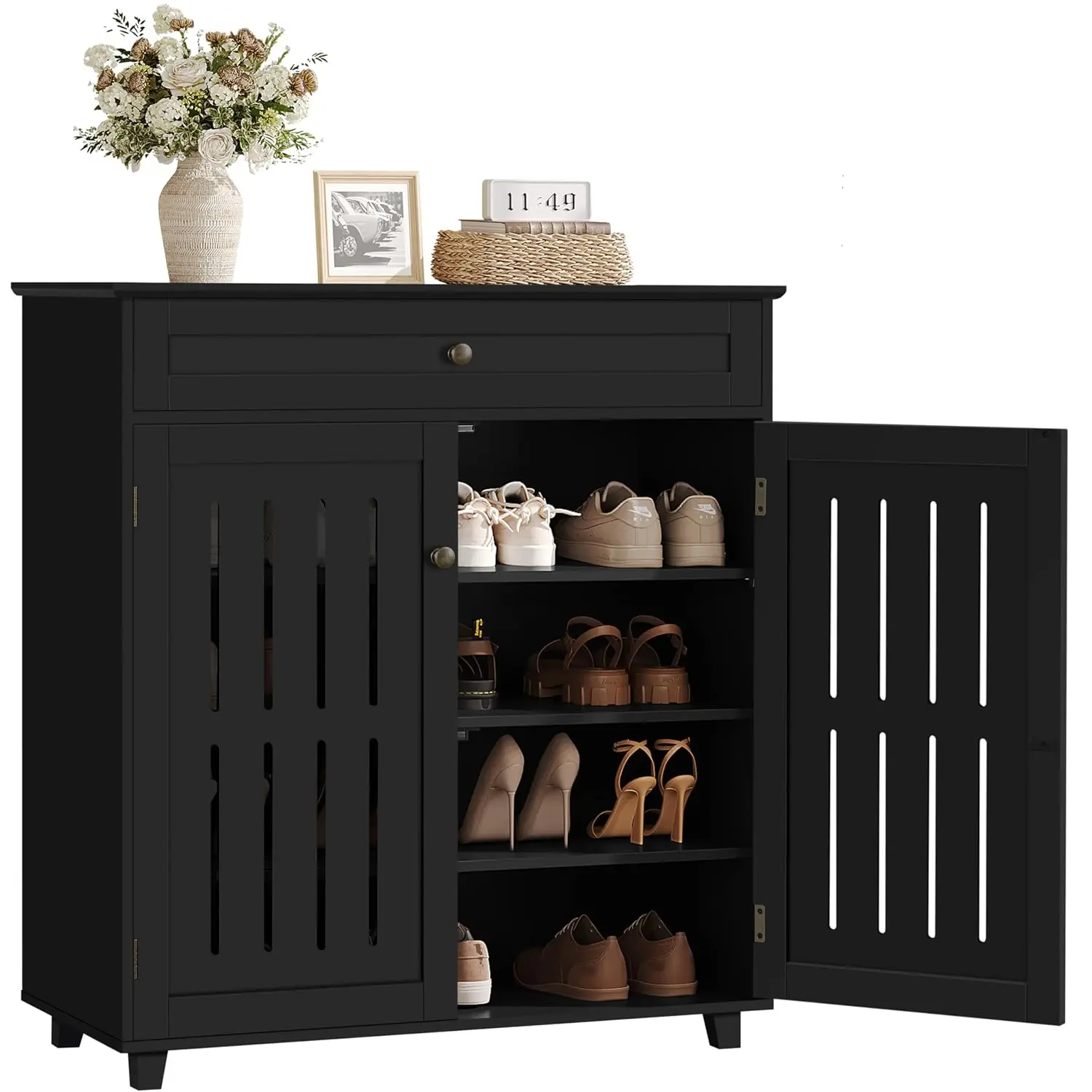 4-Tier Shoe Cabinet with Drawer for Entryway Storage, Black, Customized