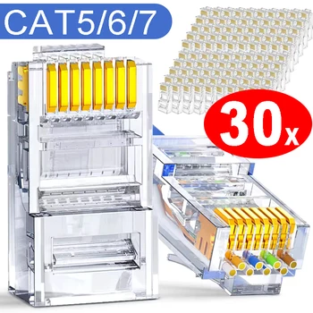 1/10/30Pcs Pass Through RJ45 Cat7/Cat6/Cat5 Shielded Connectors Crystal End Gold-Plated 8P8C Crimp UTP Ethernet Modular Plug