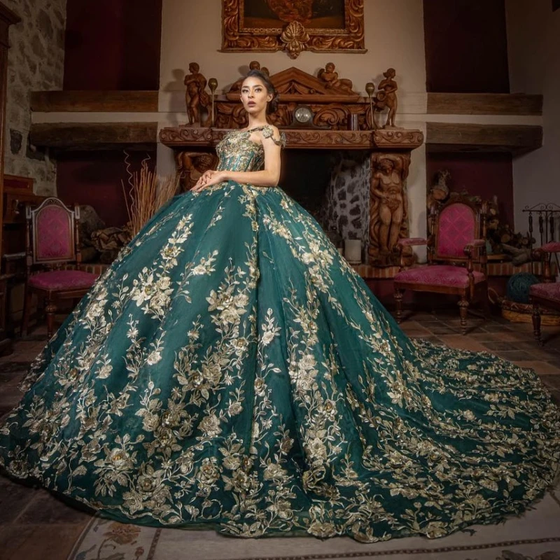 Robes de Quinceanera vert noirâtre de Rotterdam, robe de Rh, chérie, dentelle de fleurs dorées perlées, Off Initiated Sweet 16, robe à lacets, 2024