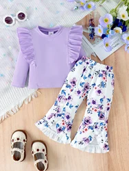 2PCS Autumn New Style For Girls Aged 0-3 Years Old, Comfortable Casual And Fashionable Round-Neck Purple Top + Printed Trousers