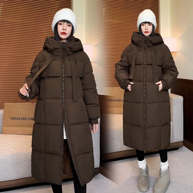 Women Long Parkas Coats Hooded Overcoats Solid Long Sleeves Zipper Thick Loose Oversize Office Lady Casual Autumn Winter 2025