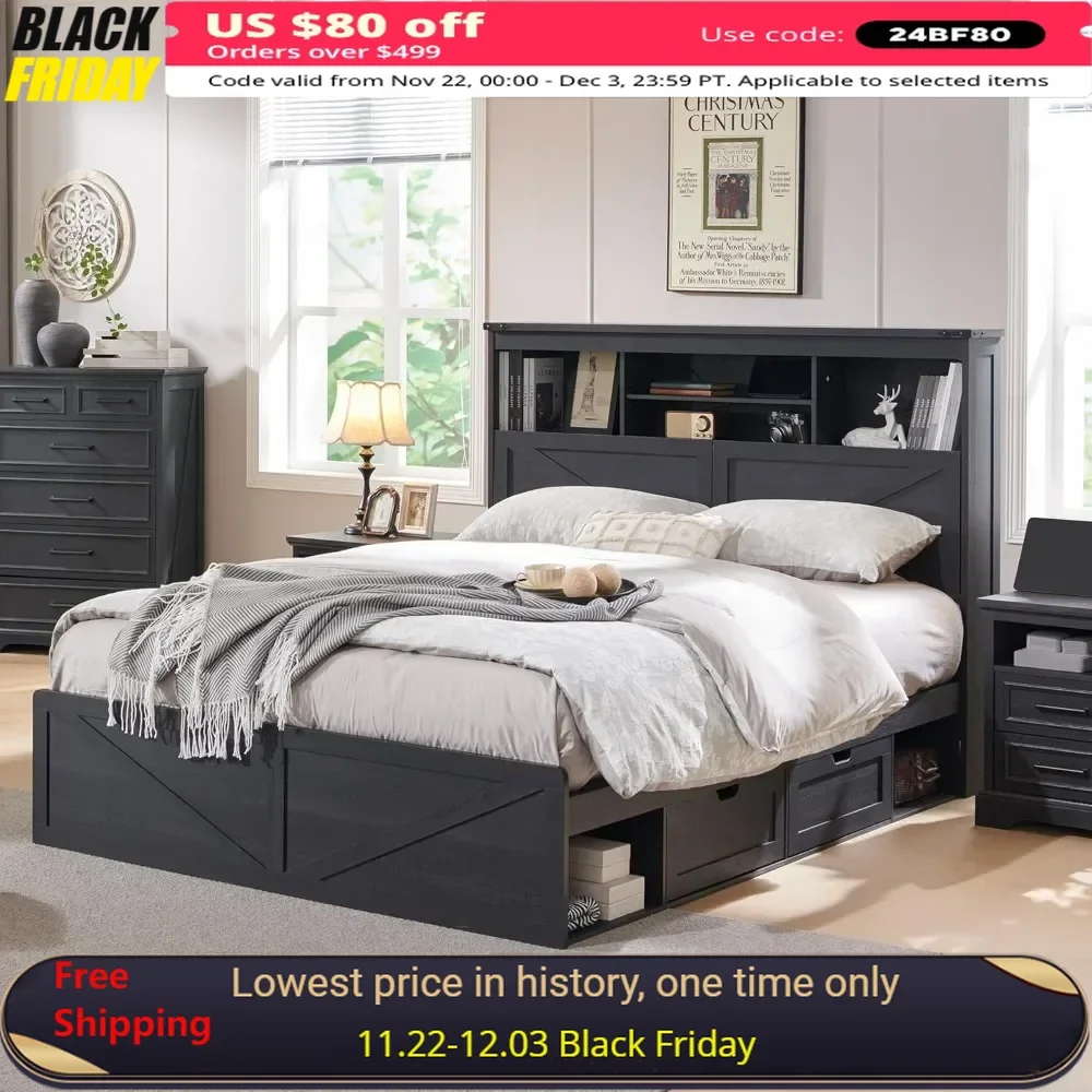 

Queen Bed Frame with 52" Storage Headboard & 4 Drawers Charging Station Solid Slats Support No Box Spring Needed，LED Bed Frame