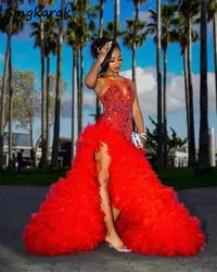 New Design 2026 Luxury Red Mermaid Prom Dress Side Split Ruffles Tiered Glitter Beads Crystals Vestido De Novia Customized