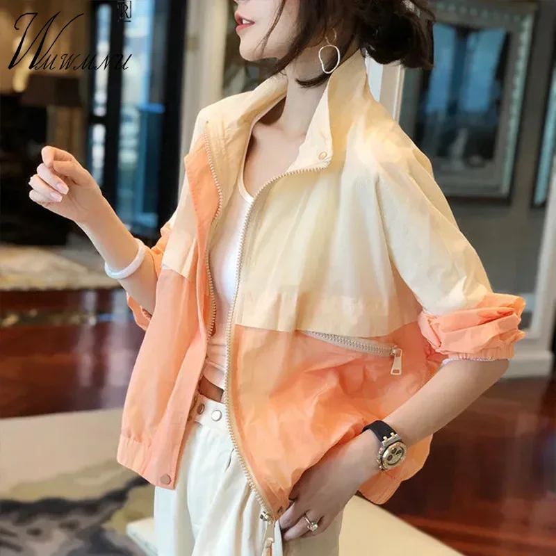 

Casual Spliced Stand Collar Cropped Jacket Women Spring Summer Sport Thin Chaquetas Korean Pocket Zipper Sun Protection Tops N26