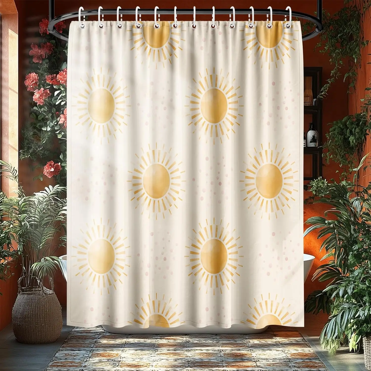 Sun Shower Curtain, Warm Yellow Sunshine Rays Will Instill a Feel of Warmth in Your Bathroom,Cozy Classic Bathroom Decor, Easy