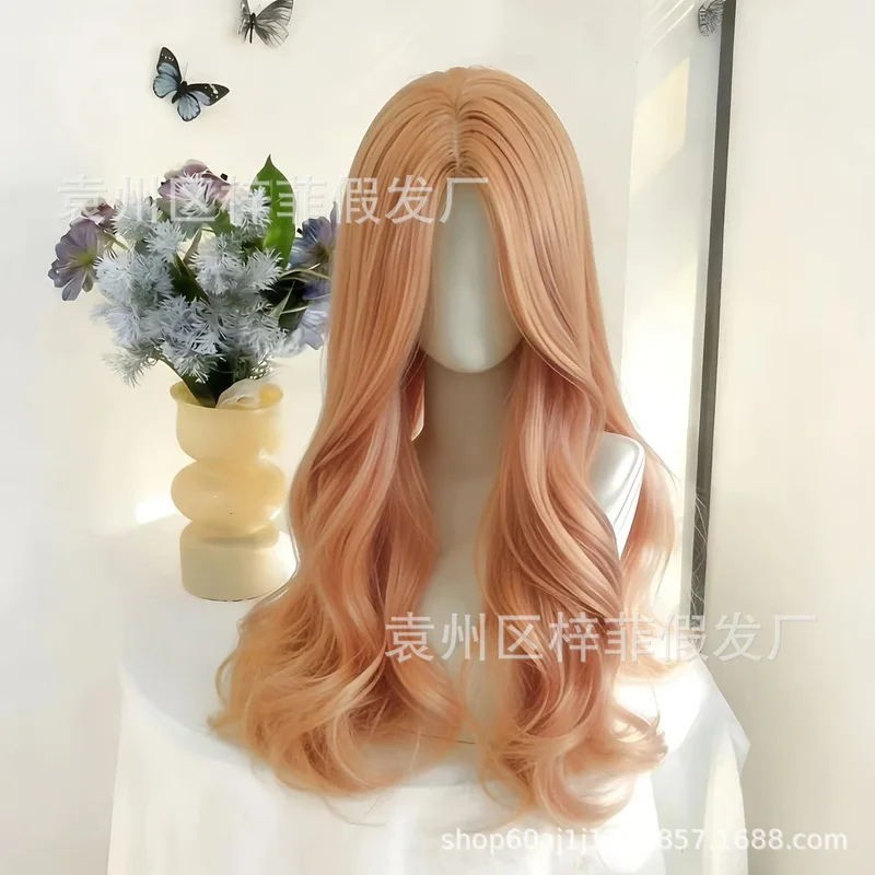 Women's fashion wig with middle-parted bangs, long curly hair, full head cover, light orange color, long wavy hair