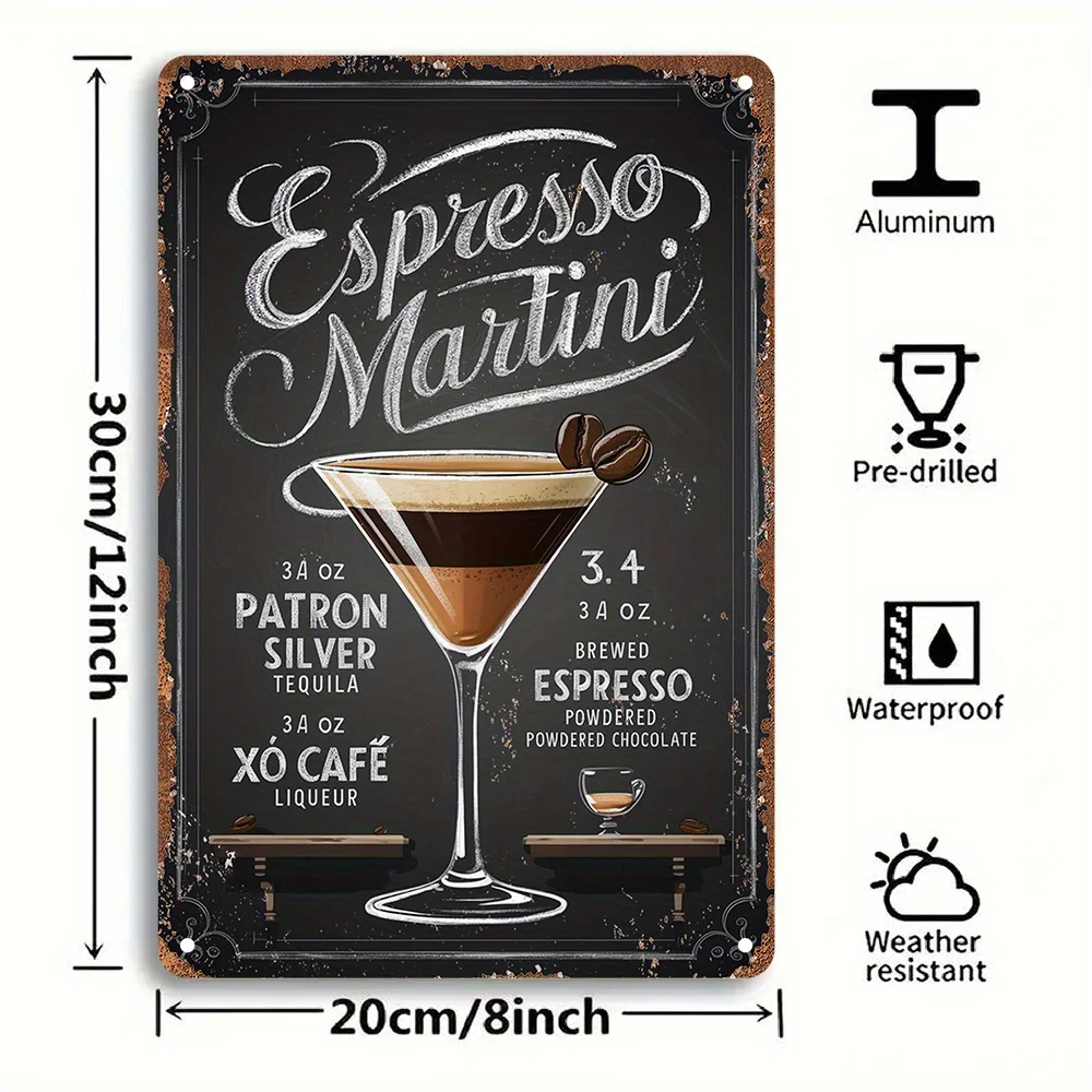 2D Flat - A Single Aluminum Sign Featuring a Recipe for an Espresso Martini Cocktail, Designed in a Vintage 2D Style. This Wall