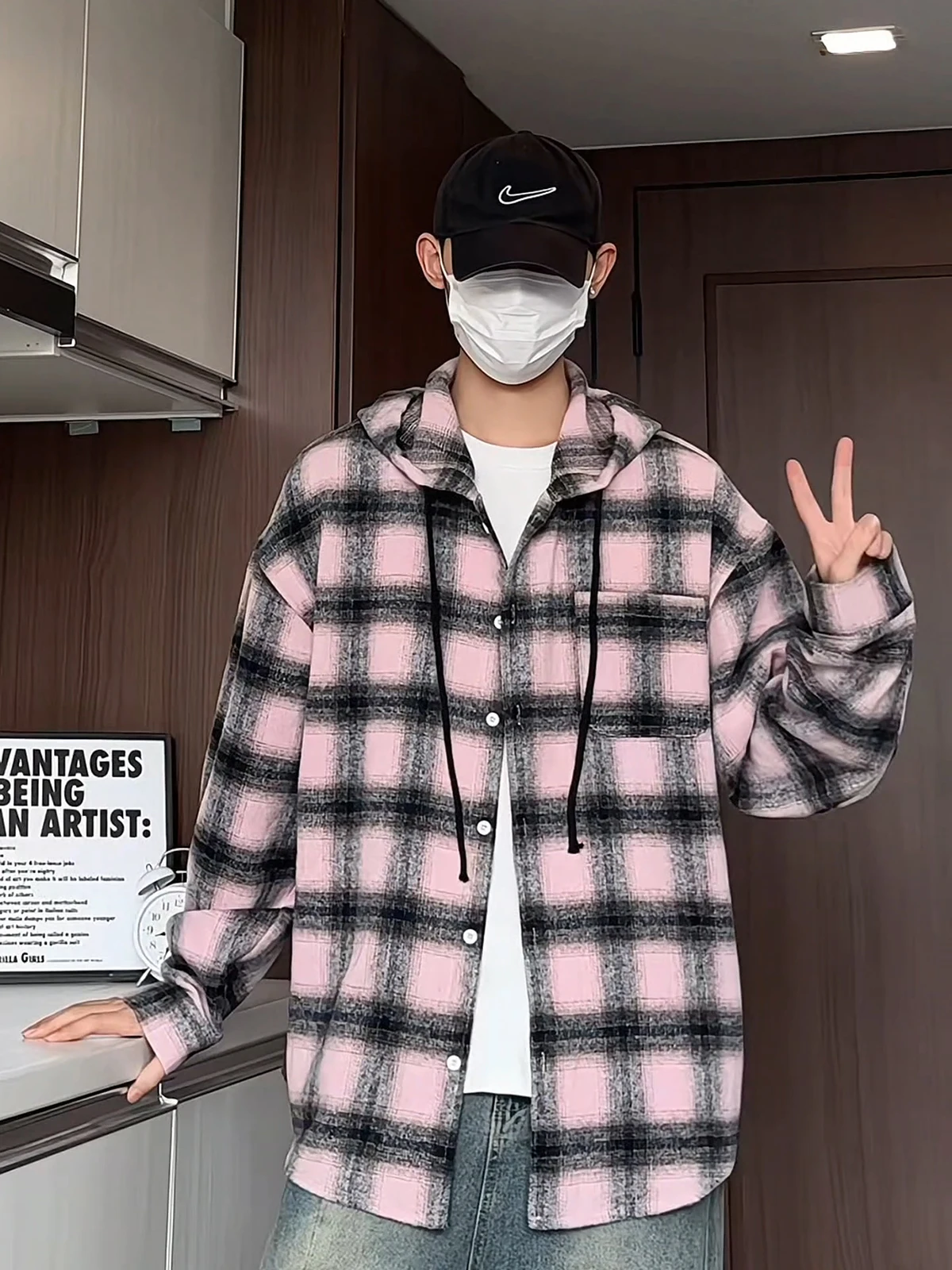 

Ретро японский клетчатый капюшон irt мужской Lazy Sle повседневная защита от солнца irt Bla розовый цвет Blo High-End Feeling Jaet