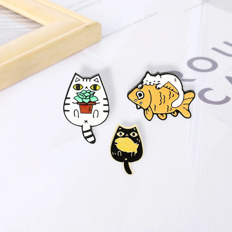 Plant Pines Bag Clothes Lapel Pins Cute Kitten Badge Jewelry Gift for Friends Cats and Fish Enamel Brooch Custom Funny Animal