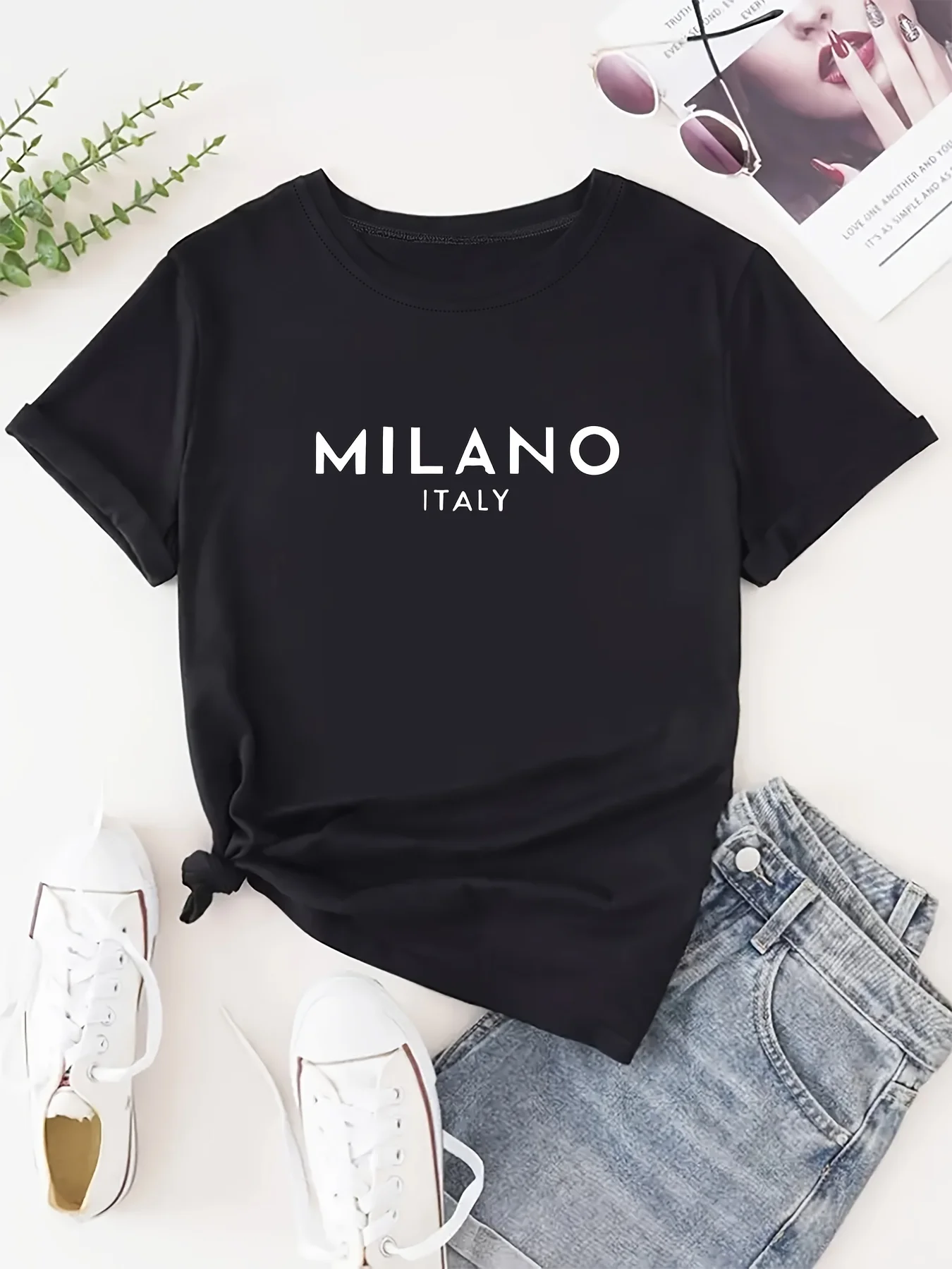 MILANO Print T-Shirt Women's Casual Short Sleeve Simple Design Showing Natural  Elegant Style Fashionable Letter Cartoon Print
