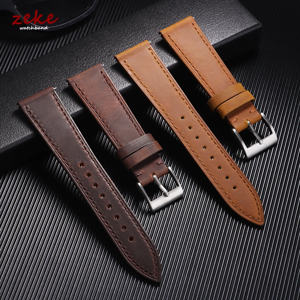 Quick Release Vintage Leather Watch Band Stitching Cowhide Strap for Omega 18/19/20/21/22/24mm Brown Wrist Bracelet for Seiko image 3