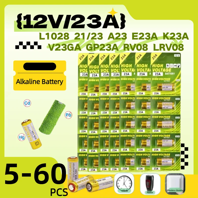 

58mAh 23A 12V Dry Alkaline Batteries L1028 A23 E23A K23A V23GA GP23A RV08 LRV08 Compatible with Remote Control Toys