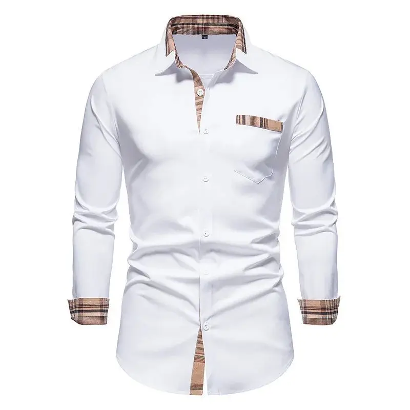 New 2024 Autumn Winter Casual Men's Checkered Shirt Splice M Thickened Fleece Lined Nine Sleeve  Collar Special Wide Fit
