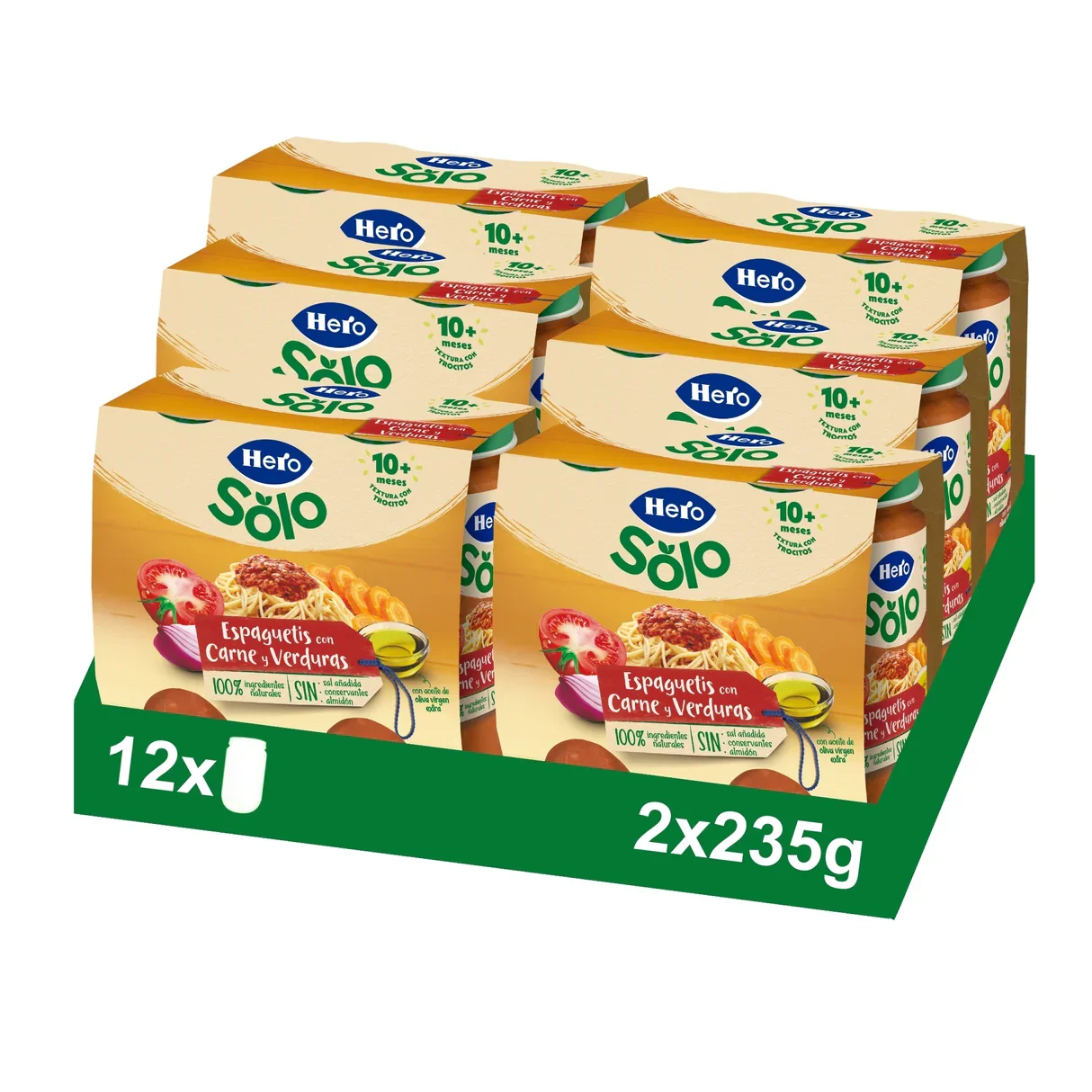 Hero Baby Pack Tarritos Trocitos Espaguetis con Carne y Verduras. Para Bebés de a Partir de 10 meses. 6 Bipacks de 3x235gr
