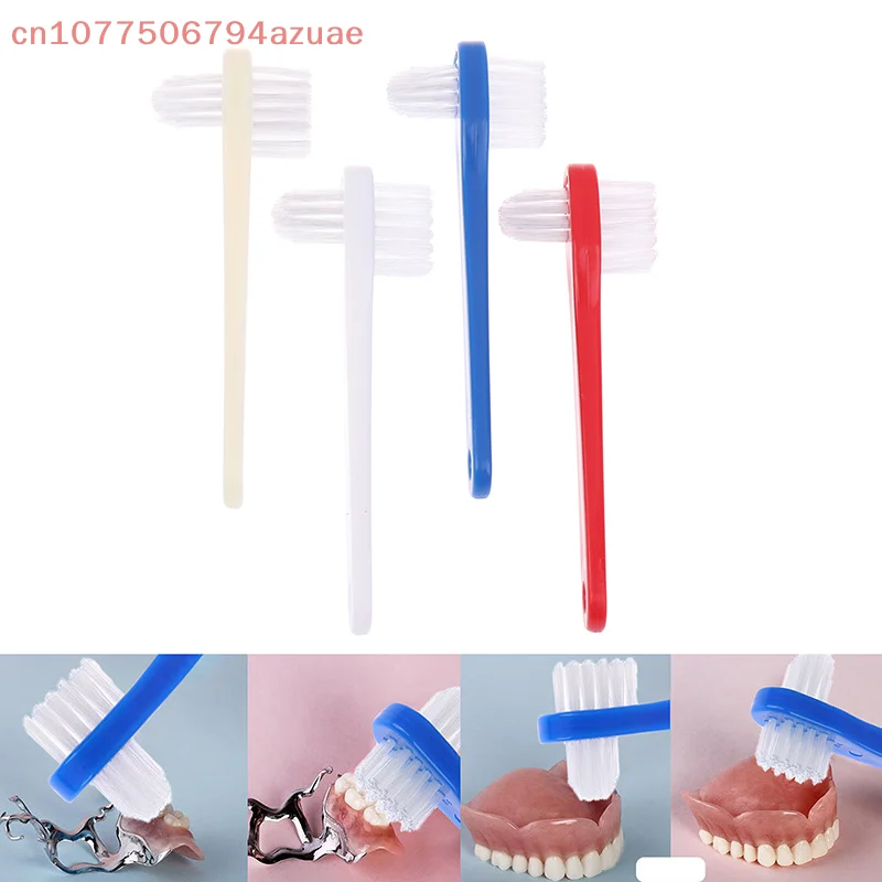 1 pz spazzolino da denti doppia testa spazzola manuale detergente per denti finti portatile al care fornitura protesi blu rosso bianco colore