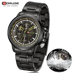 BORUSE Luxury Business Black Watches Men Sport Case Male Waterproof Chronograph Watches New Fashion Wristwatch with Boxes