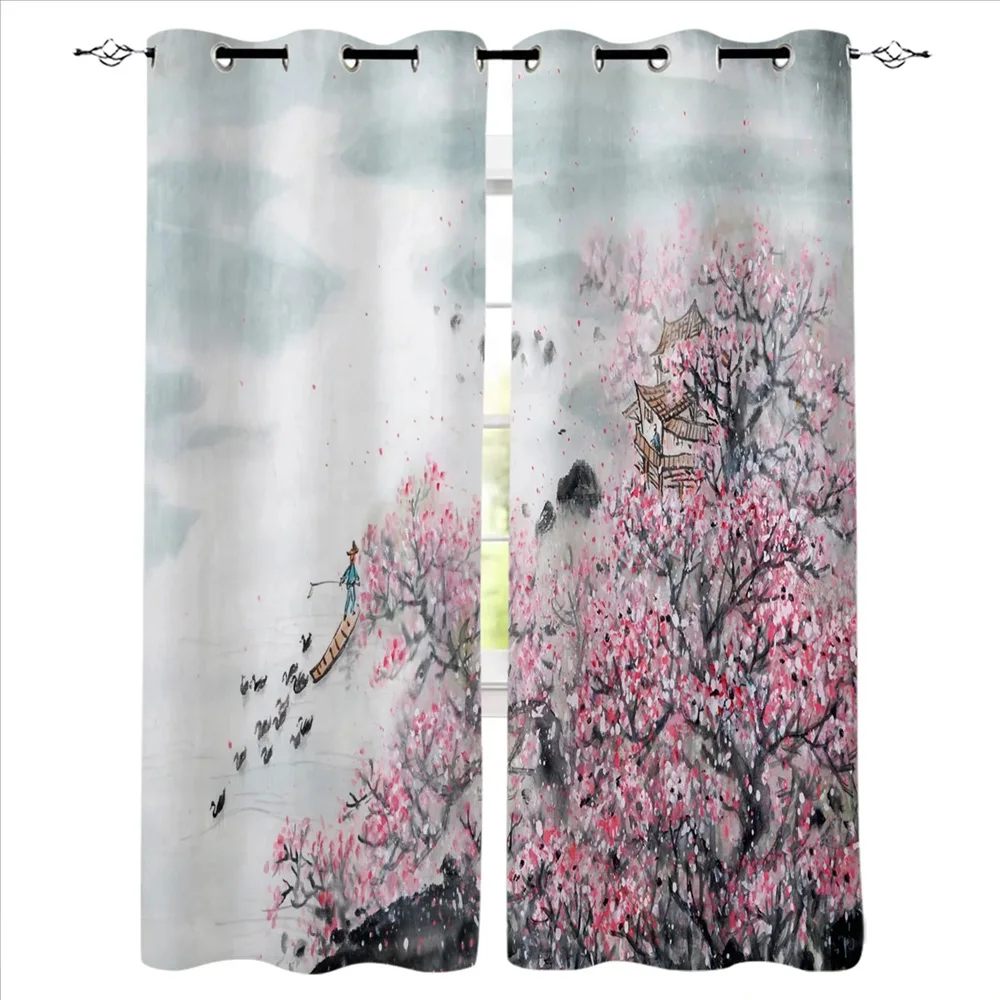 White Plum Sun Chinese Style Ink Painting Curtains Drapes For Living Room Bedroom Kitchen Office Blinds Window Curtain 183X214CM