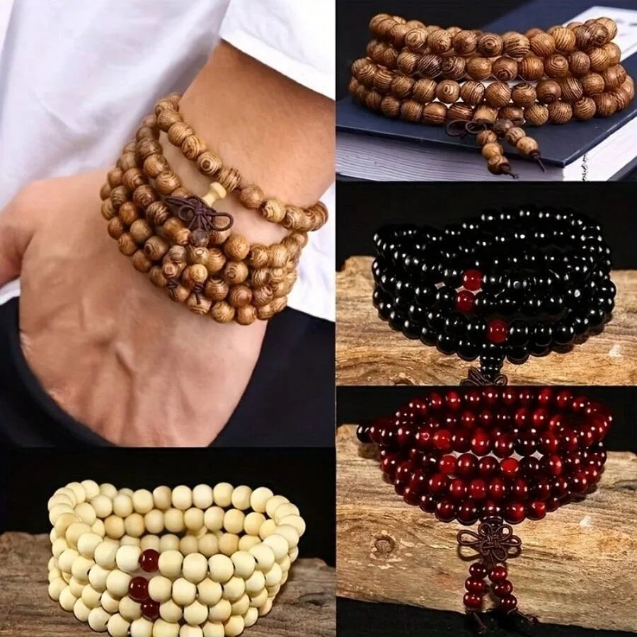 Bracelet de prière 108 perles imitation bois de santal 6,8 mm, ornement multi-cercles pour couple