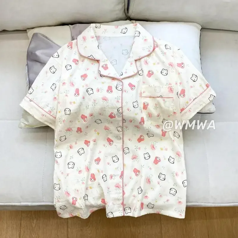 Miniso Hellokitty Pajamas Cartoon Figure Kitcat Small Shape Printing White Colours Summer Short Sleeves Short Pants Home Clothes