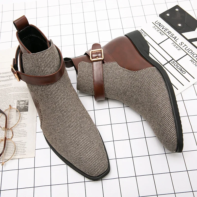 

Chelsea Boots Men PU Splice Mixed Color Low Heel High Top Bare Boots Business Dress Boots Comfortable Large Size 38-48