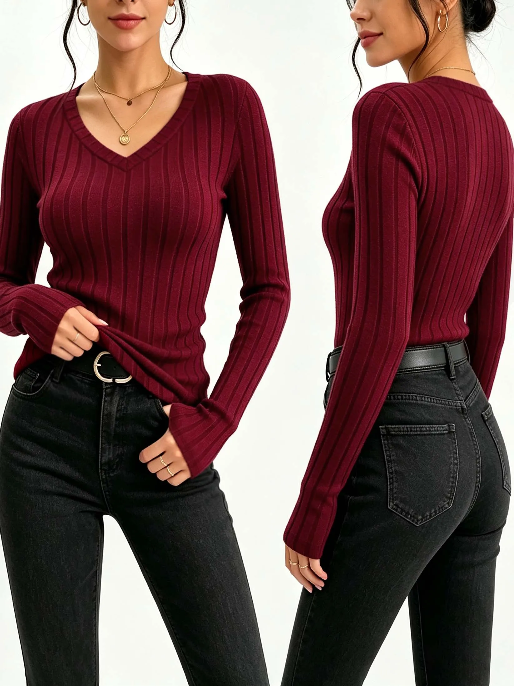 Women Solid V‑Neck Ribbed Knit Top, Slim Fit Stretchy Long Sleeve Basic Casual Tee Shirts