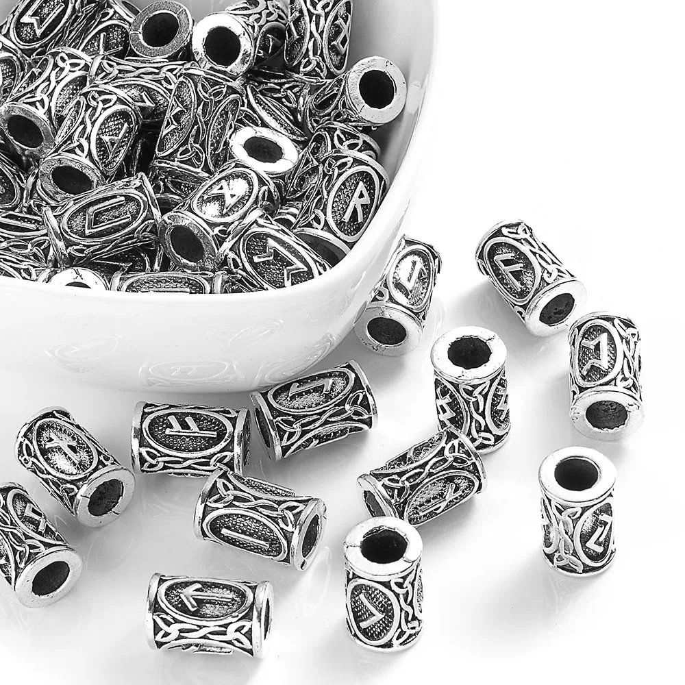 10pcs Vintage Cylindrical Norwegian Viking Rune Spacer Bead Tube Beads Fit Beard or Hair Large Hole Bead DIY Jewelry Accessories