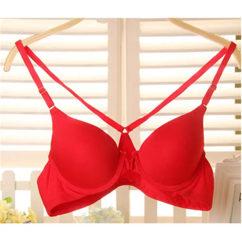 Spring and summer thin style sexy front buckle beautiful back deep V halter neck solid color with steel ring glossy Y-shaped bra