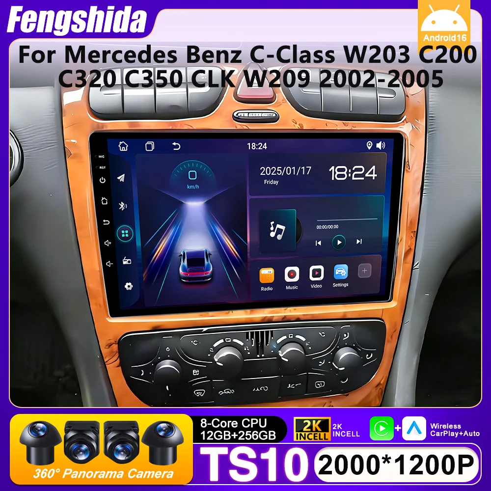 Автомобильный радиоприемник Carplay для Mercedes Benz C-Class W203 C200 C320 C350 CLK W209 2002-2005 навигация GPS Android Auto 5G Wi-Fi без 2din