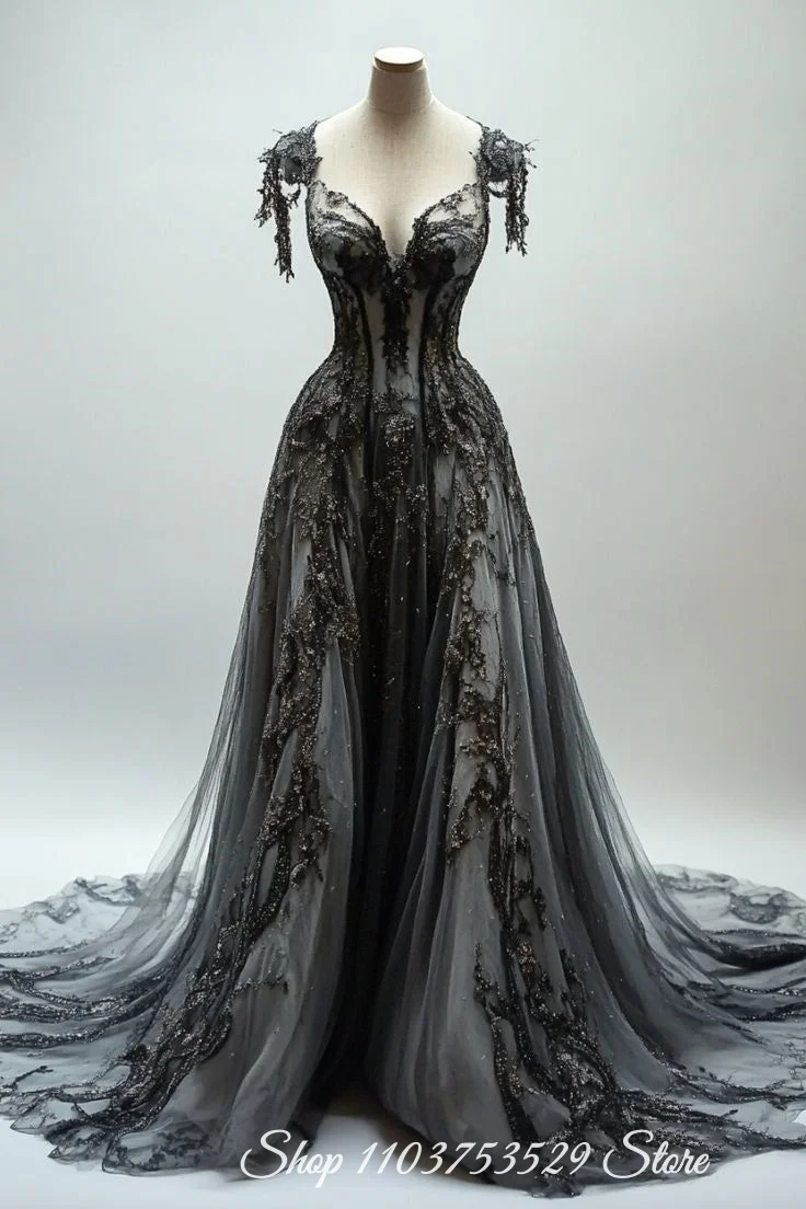 Maßgeschneidertes schwarzes Spitzen-Abendkleid, besticktes Ballkleid, formelles Anlasskleid, Verlobungskleid, Hochzeitskleid