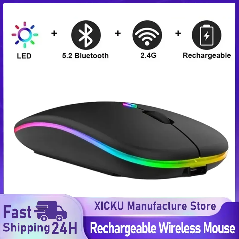 Wireless Mouse Rechargeable Silent LED Backlit Mice PC Laptop Computer Mous 2.4Ghz Receiver Bluetooth Dual Mode Optical Mice