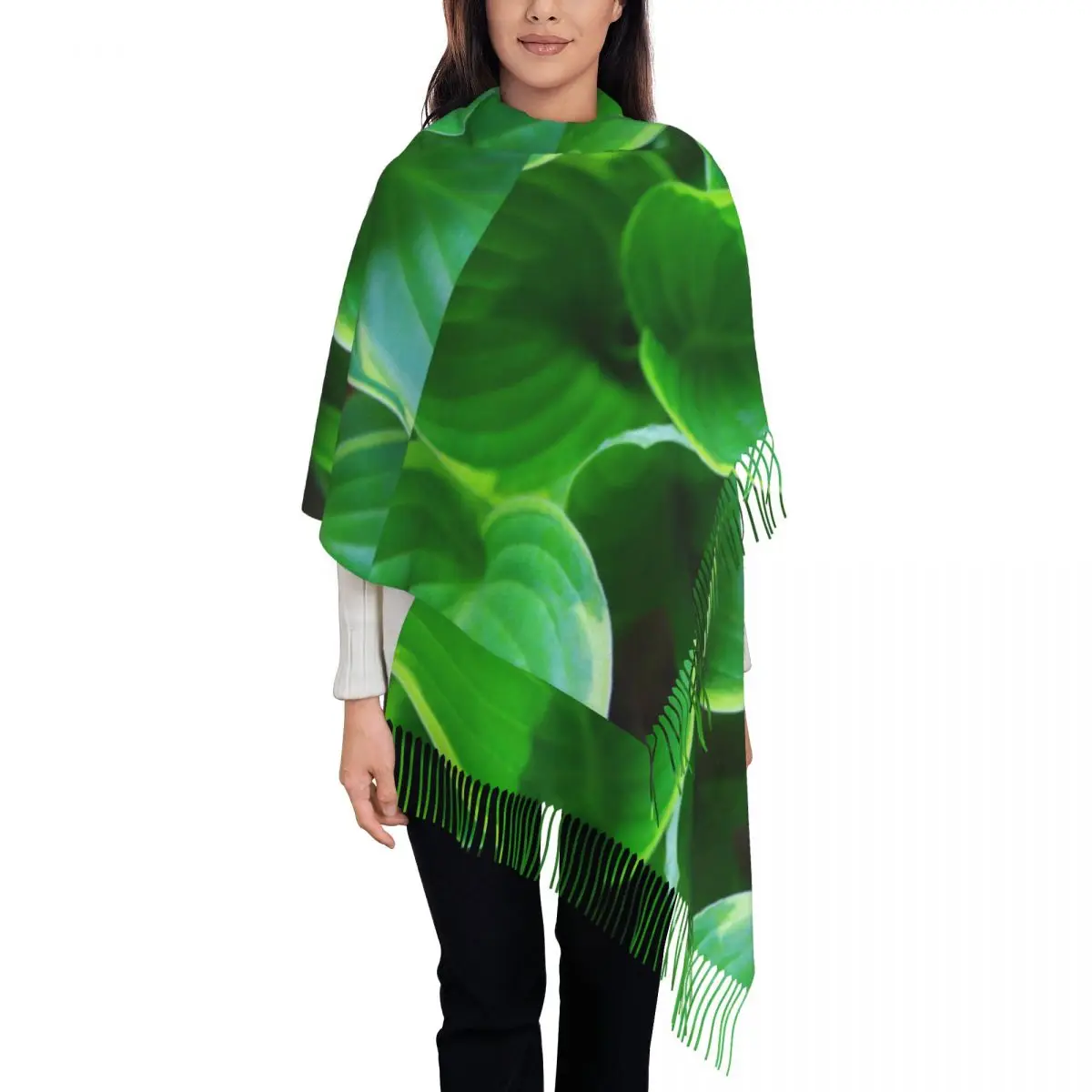 

Men Women Scarf Warm Soft Green Leaves Head Scarves with Long Tassel Hosta Plants Print Cool Shawls Wrpas Winter Bufanda Mujer