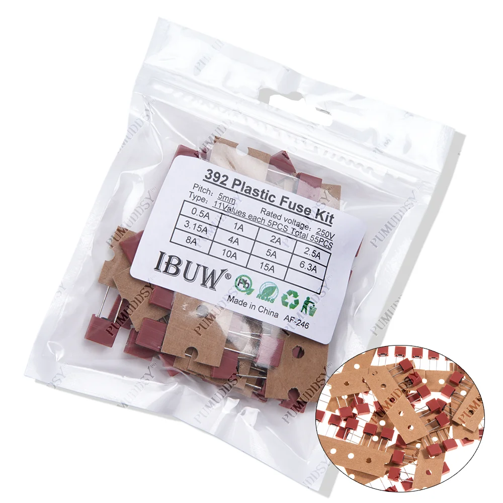 

55PCS/Set Square Plastic Fuse Assortment Kit 392 0.5A 1A 2A 2.5A 3.15A 4A 5A 6.3A 8A 10A 15A 250V Fuses Slow Blow Tube Fuse Set