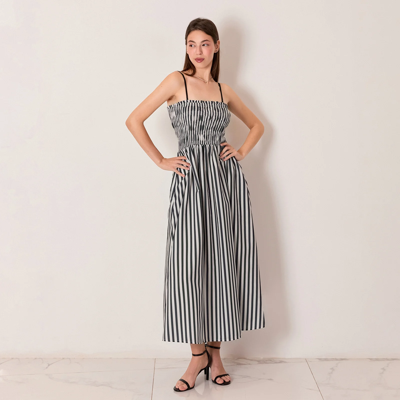 Combhasaki Women's Sleeveless Summer Adjustable Thin Shoulder Straps Vertical Stripe Print A-Line Party Smocked Slip Long Dress