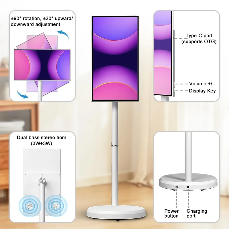 21.5 Inch Smart Tablet Tv on Wheels Portable Digital Signage Display Rotatable Touch Screen  Monitor Android 15 Smart Television