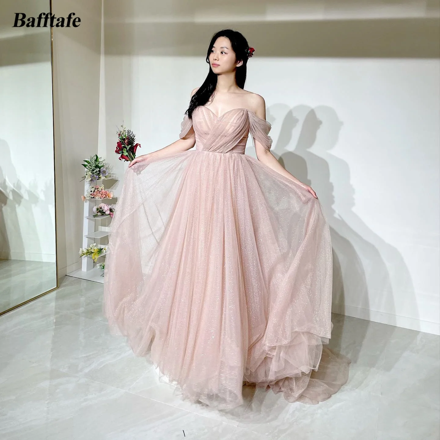 Bafftafe Sparkly Blush Pink Korea Women Prom Dresses Off The Shoulder Pleat Formal Party Gowns Evening Gowns Occasion Customized