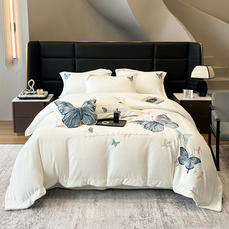 4Pcs Luxury Butterfly Embroidery Winter Thickened Soft Velvet Bedding Set Duvet Cover Set Flat/Fitted Bed Sheet Pillowcases