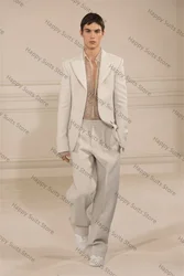 White Cotton Groom Men Suit Set 2 Pieces Blazer+Pants Formal Office Business Jacket Coat Trousers Wedding Tuxedos Custom Made