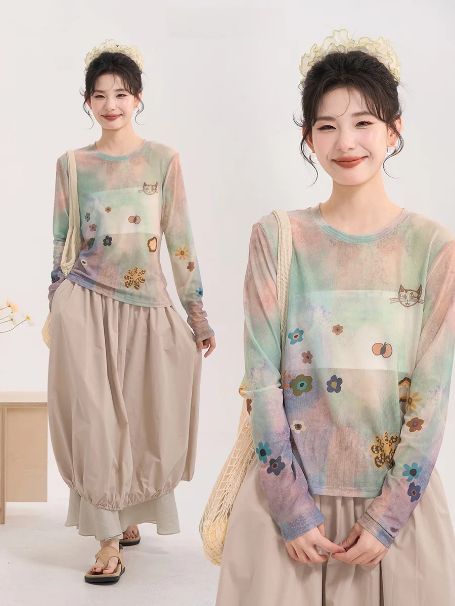 

Женская летняя футболка с длинным рукавом, ручная роспись тай-дай, защита от УФ-излучения, повседневный свободный крой, смесь хлопка и полиэстера, с цветочным принтом