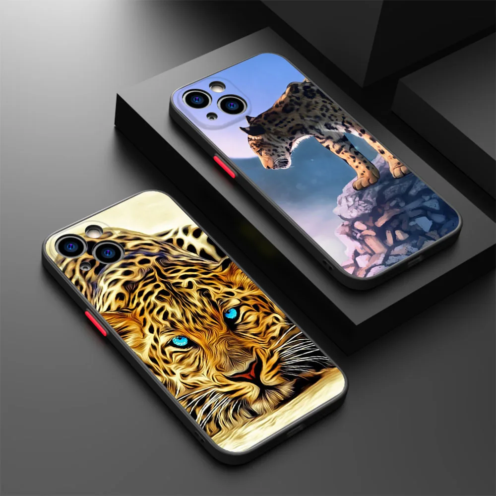 Phone Case For iPhone 15 Pro XS Max 14 7 8 6 6s Plus SE 11 12 13 Mini X XR Leopard Color Lion King Tiger Black Translucent Cover