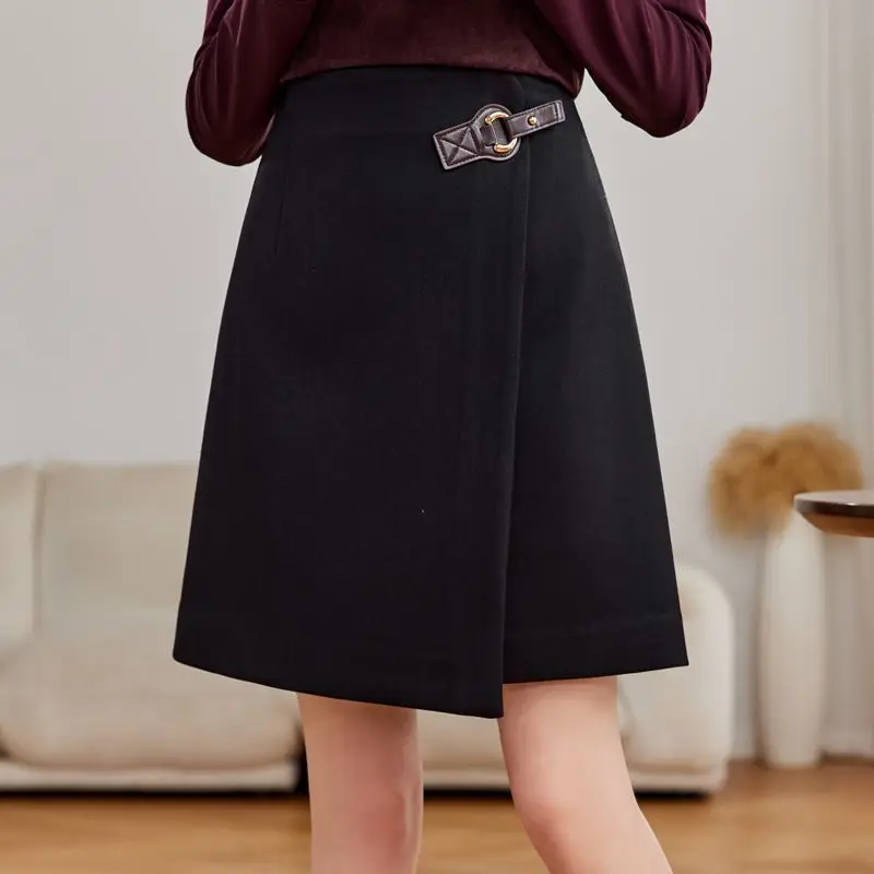 Elegant Autumn Winter Women Irregular Wrap Midi Skirt Metal Buckle High Waist Office Skirt