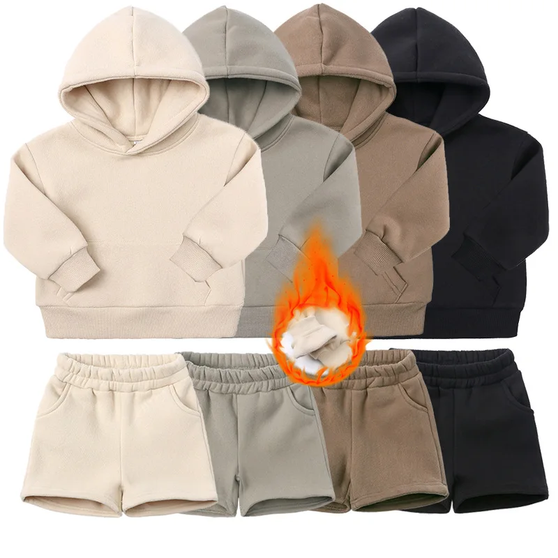 

Kids Children Clothing Sports Suit Autumn Winter Thick Medium-sized Boy Hooded Long-sleeved Sweatshirt + Shorts 2-piece Set