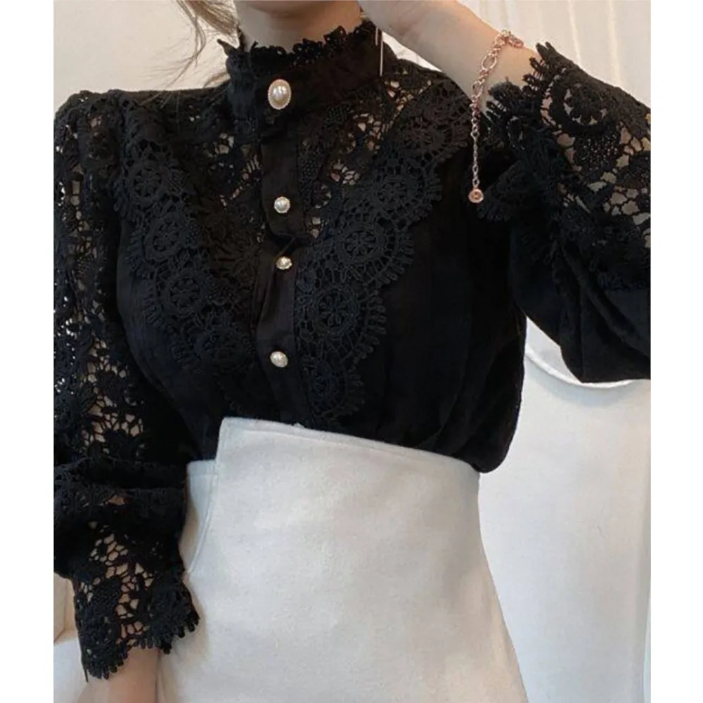 

Весна-лето, винтажная кружевная блузка, рубашки для женщин, новые корейские свободные рубашки на пуговицах, женские полые повседневные женские блузки