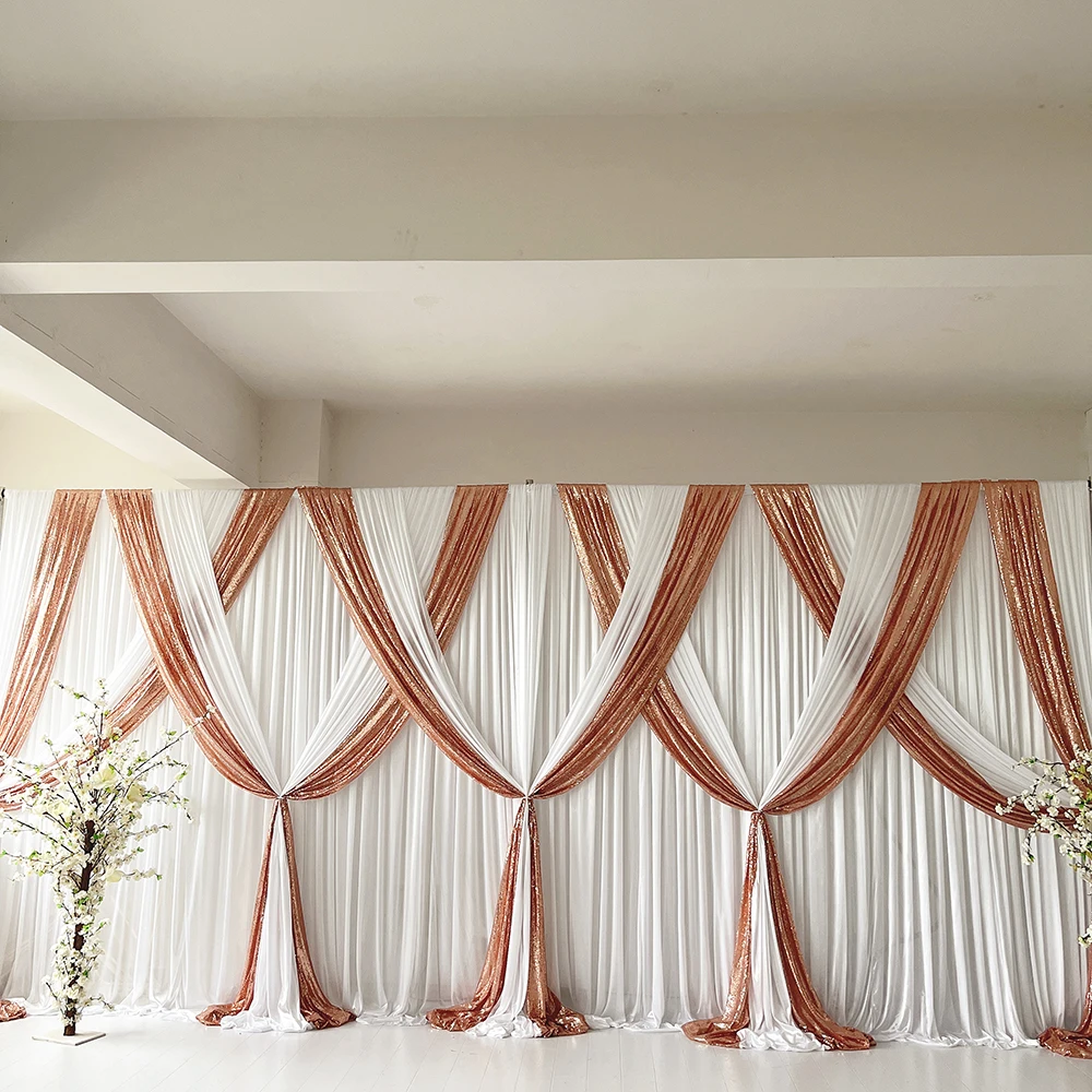 

New Design 3mH(10ft) x6mW(20ft ) White Curtain White Rose Gold Sequin Swag Drapes Wedding Backdrop Event Party Decoration