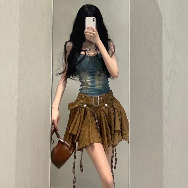 Fashion Heavy Slim Fit Denim Camisole Vest+ Y2k E-Girl High Waist Irregular Ruched Skirts 2024 Spring New Two Piece Sets