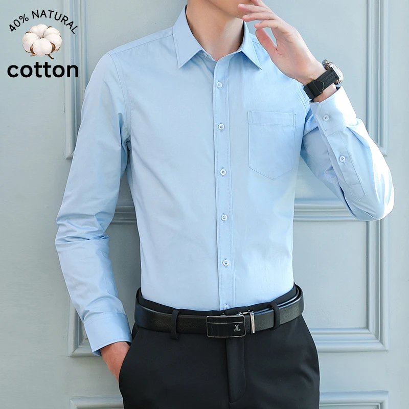 

Brand Clothing High Quality Spring Summer Men's Long Sleeve Business Dress Shirt Formal Office Button Down Blue Casual Blouse