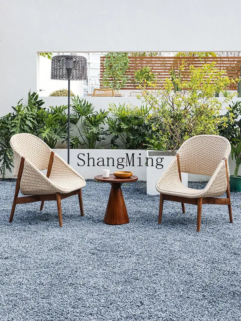 

HJ Balcony Chair Teak Leisure Single Lazy Rope Knitting Homestay Wabi Sabi Wind Garden Outdoor Solid Wood Sofa
